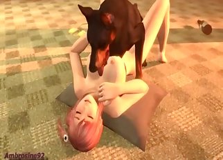 Pink-haired chick banged by a dog