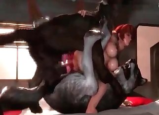 Pair of doggos team up on a totally slutty woman
